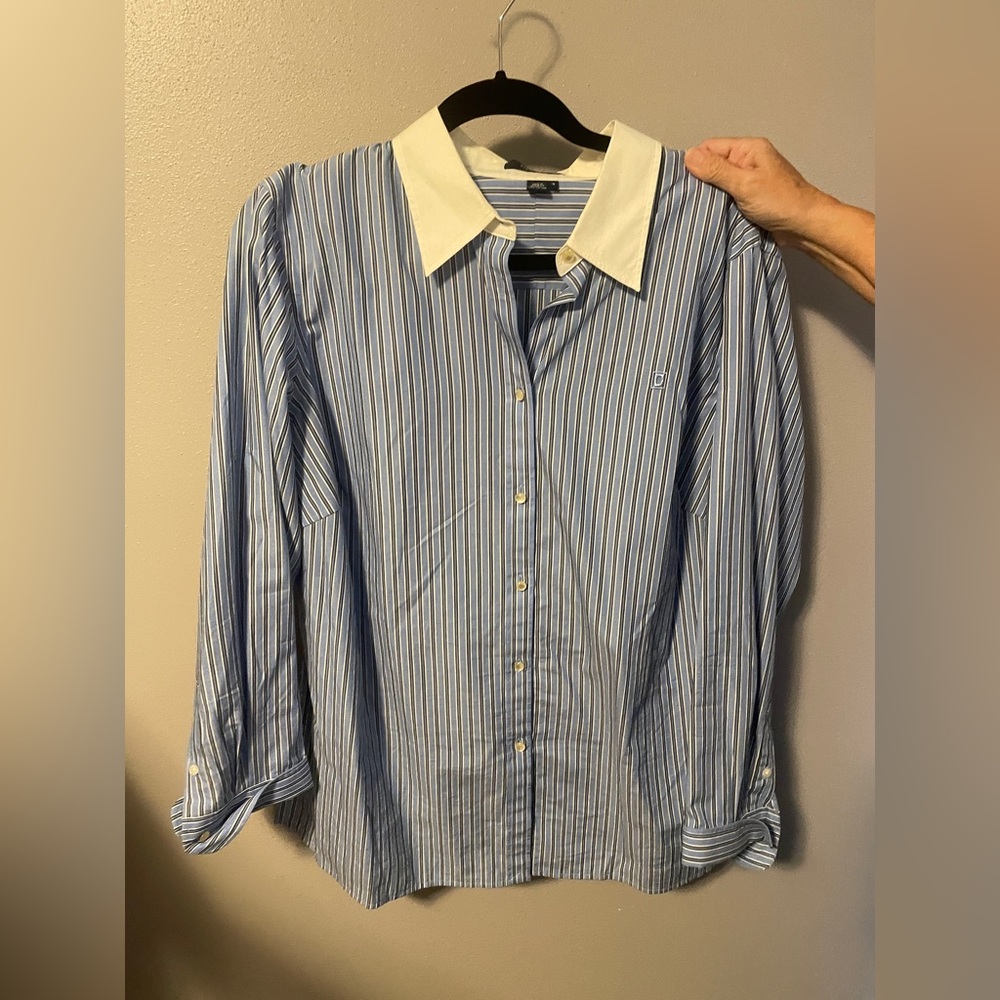 Chaps Blue and White Striped Button Down Shirt